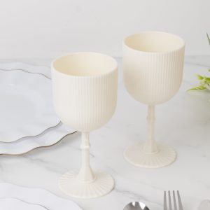 12-Pack White Plastic Wine Glasses 9oz, Vintage Ribbed Pattern - Reusable Shatterproof Goblets