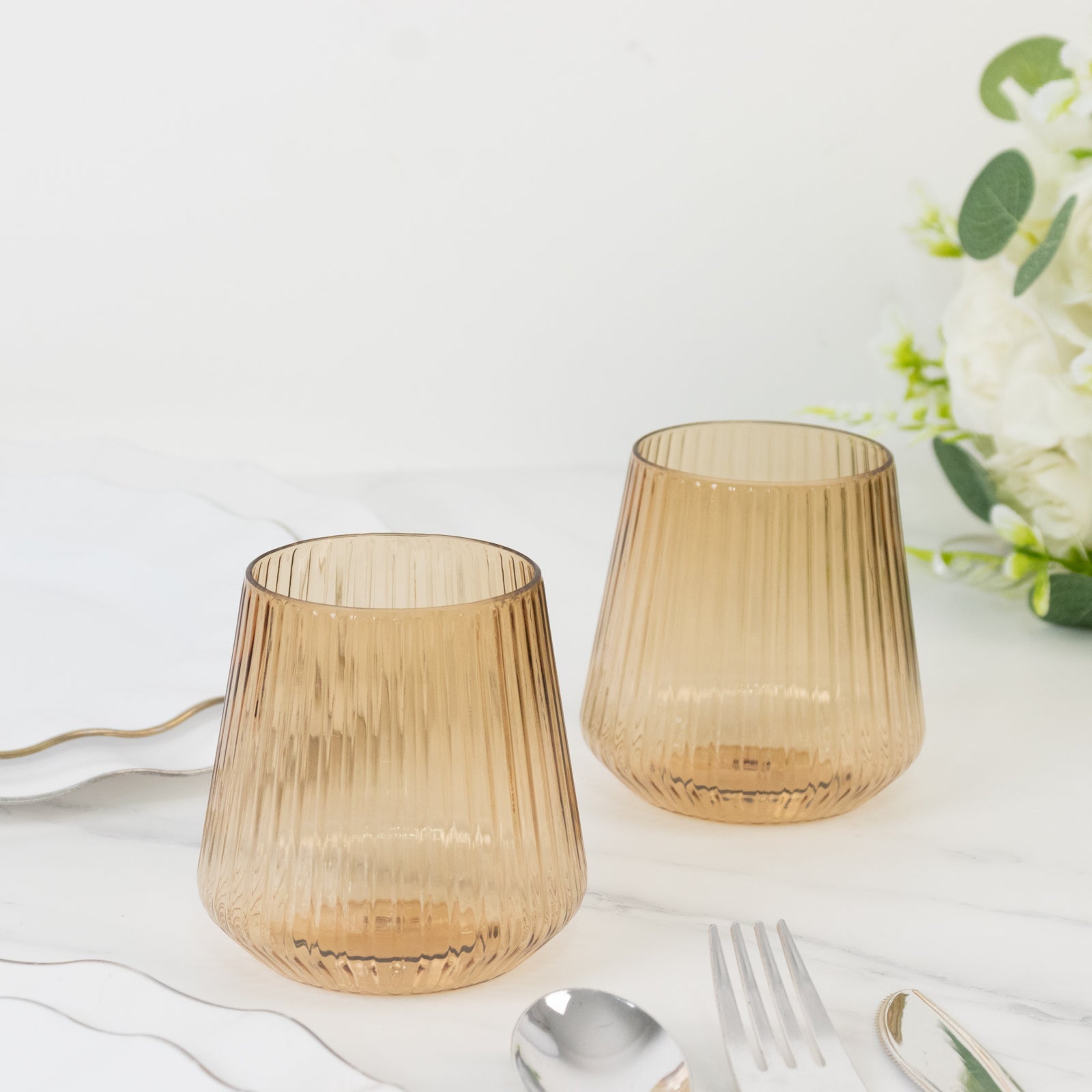 12-Pack Plastic Stemless Wine Glasses – 12oz Amber Gold Ribbed Design, Reusable Shatterproof Cocktail Tumblers